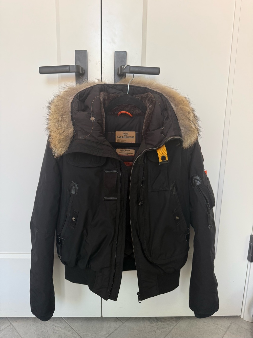 Parajumpers Youth Medium Black Puffer Jacket with Fur-Trim Hood and Yellow Tab